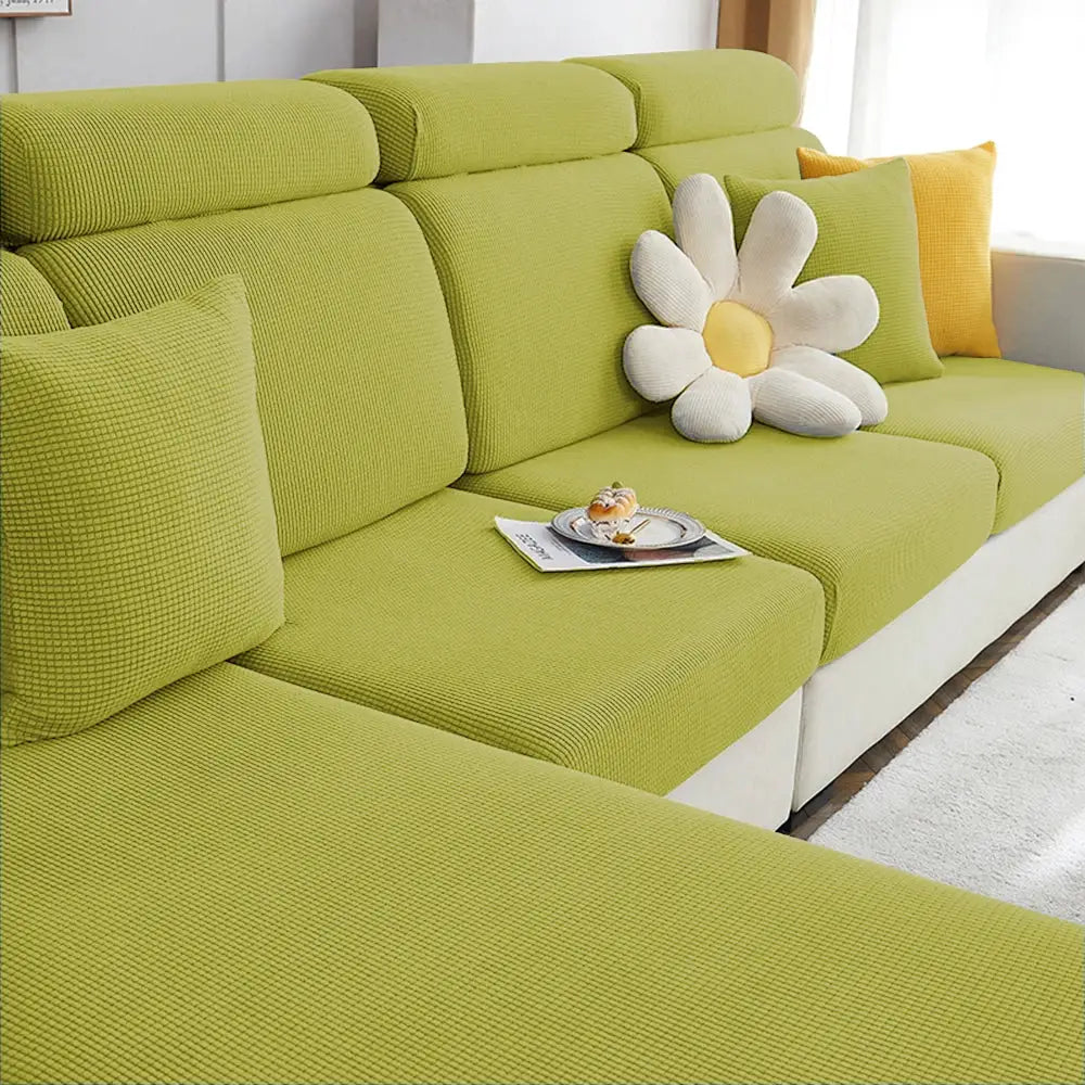 Jacquard sofa cover in lime green polar fleece, stretch removable couch protector for chaise lounge seating