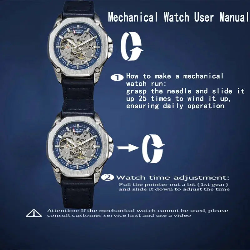 Men automatic skeleton watch by Simples Market with blue dial and leather strap (set of 2)