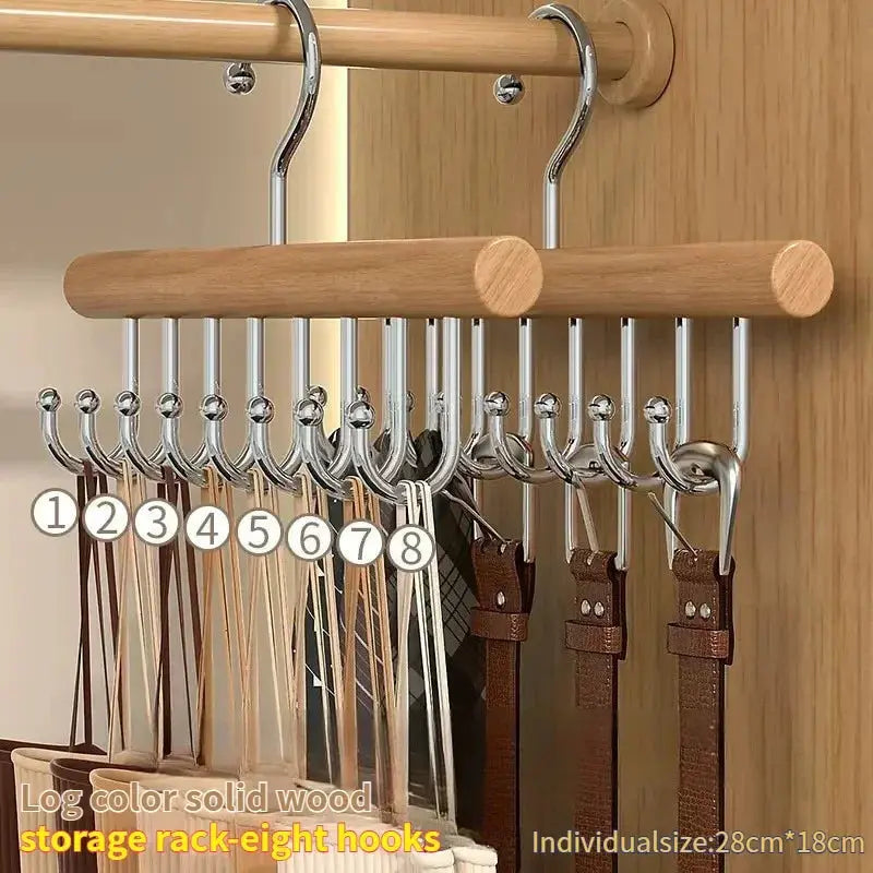 Multifunctional wooden belt hanger with eight metal hooks for closet storage