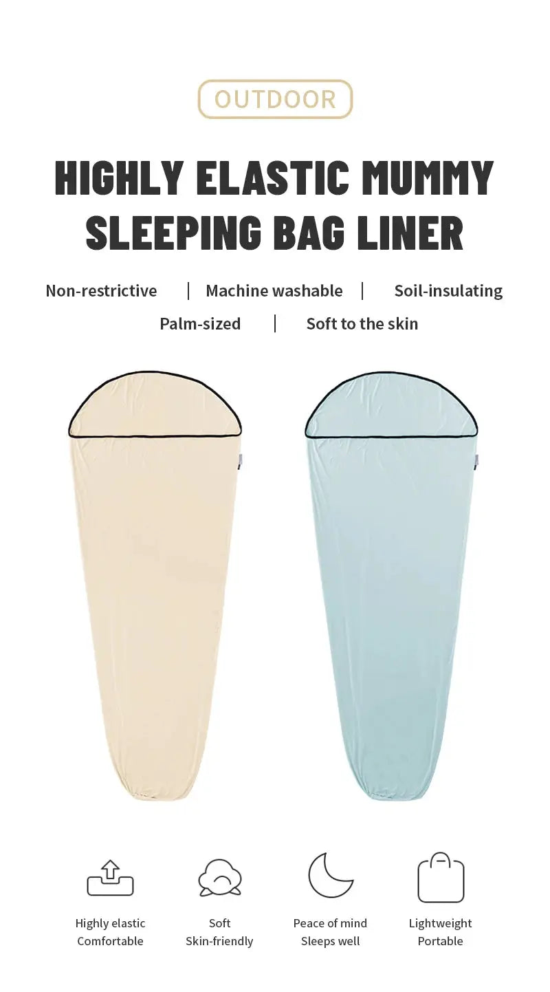 Two sleeping bag liners, beige and blue, ultralight high-elastic mummy design.