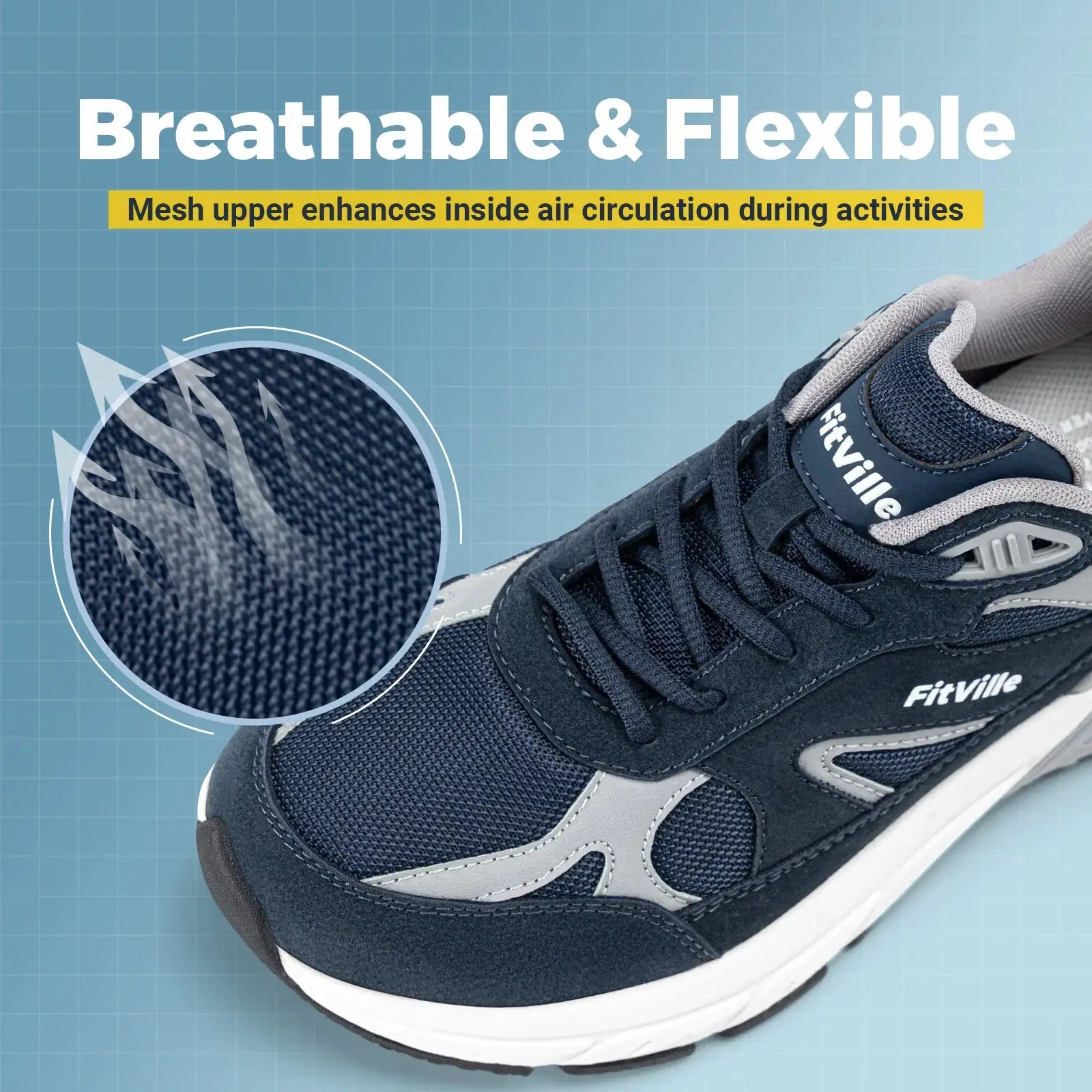 FitVille men's walking shoe with navy mesh upper, gray accents, and white sole