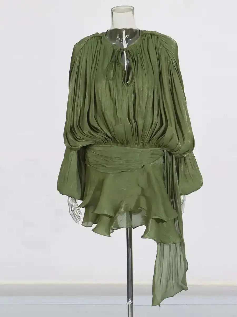Twotwinstyle Solid Blouse Mini Dress For Women V Neck Long Sleeve Lace