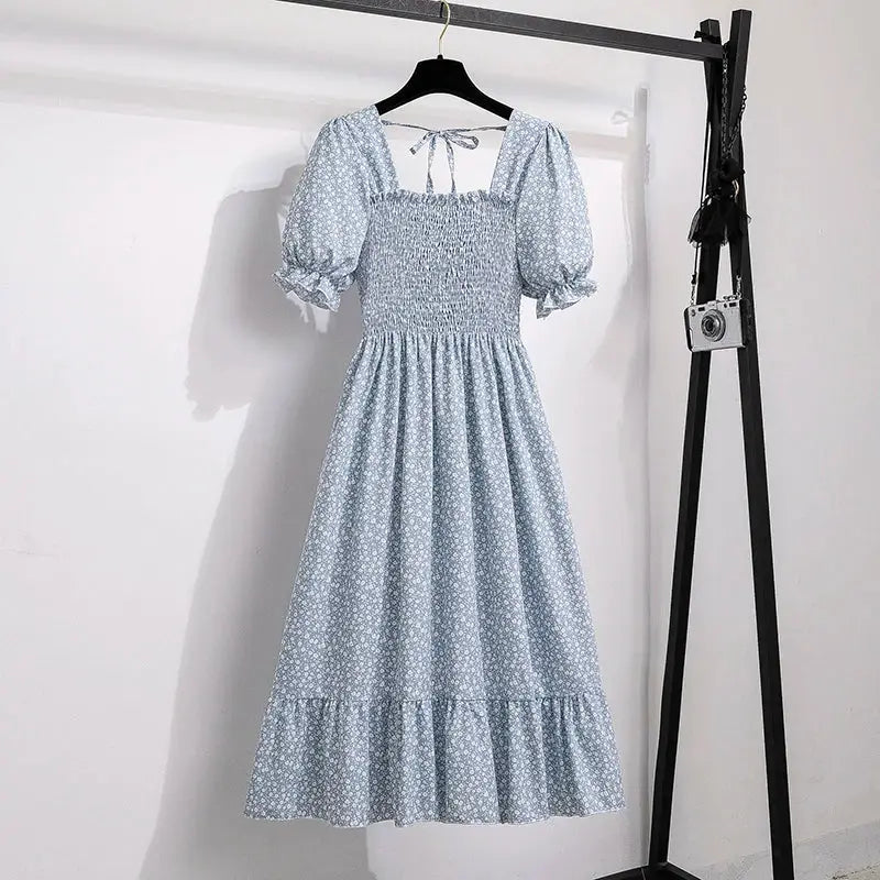 Chiffon Spring Summer A Line Dress For Women With Elastic Waist Pleated Short Sleeve Casual Flattering Fit