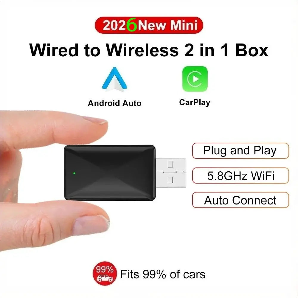 FLIXIVI 2-in-1 CarPlay/Android Auto wireless car adapter by Simples Market, plug-and-play compact black USB box.