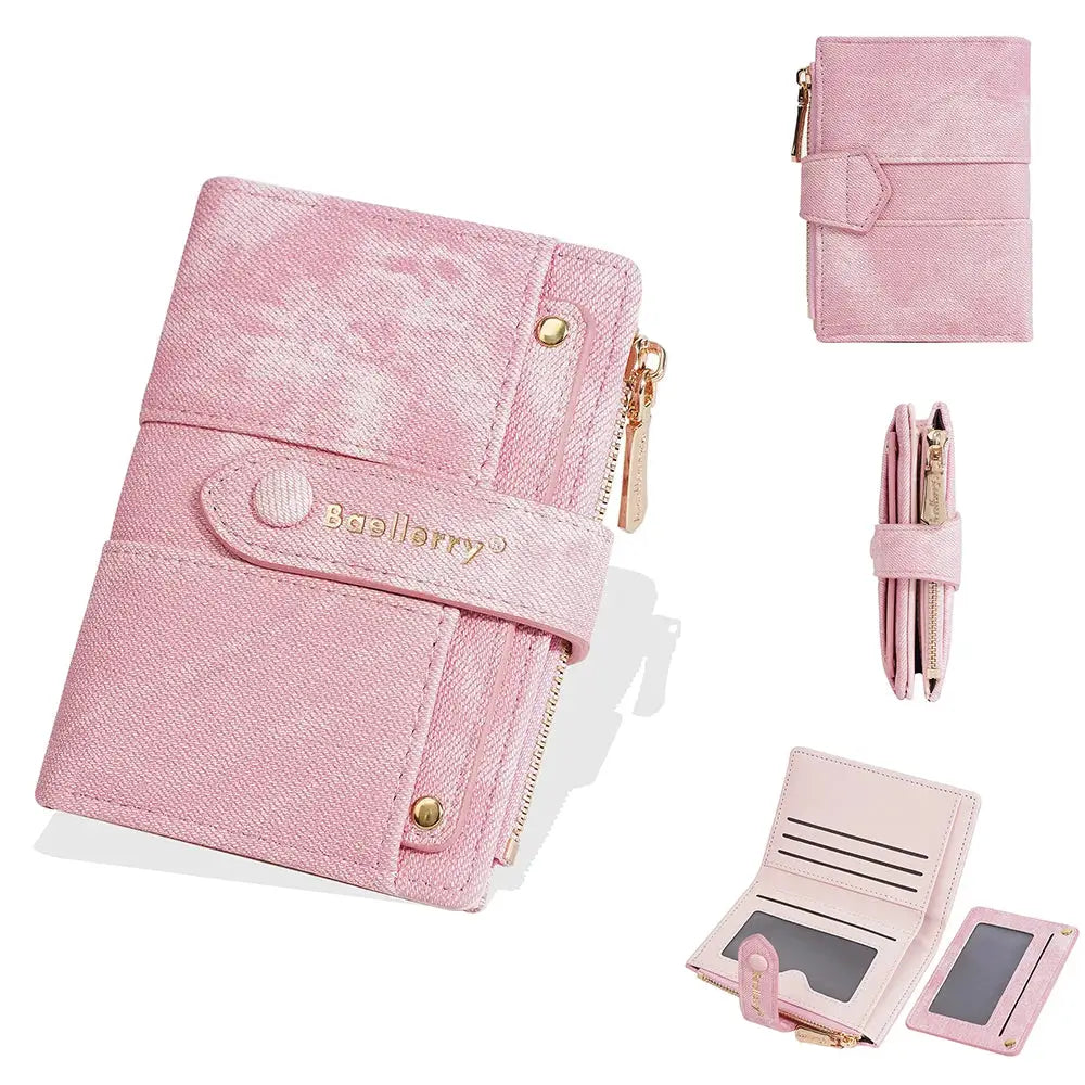 Baellerry pink textured women's short wallet with zip coin pocket and detachable card clip