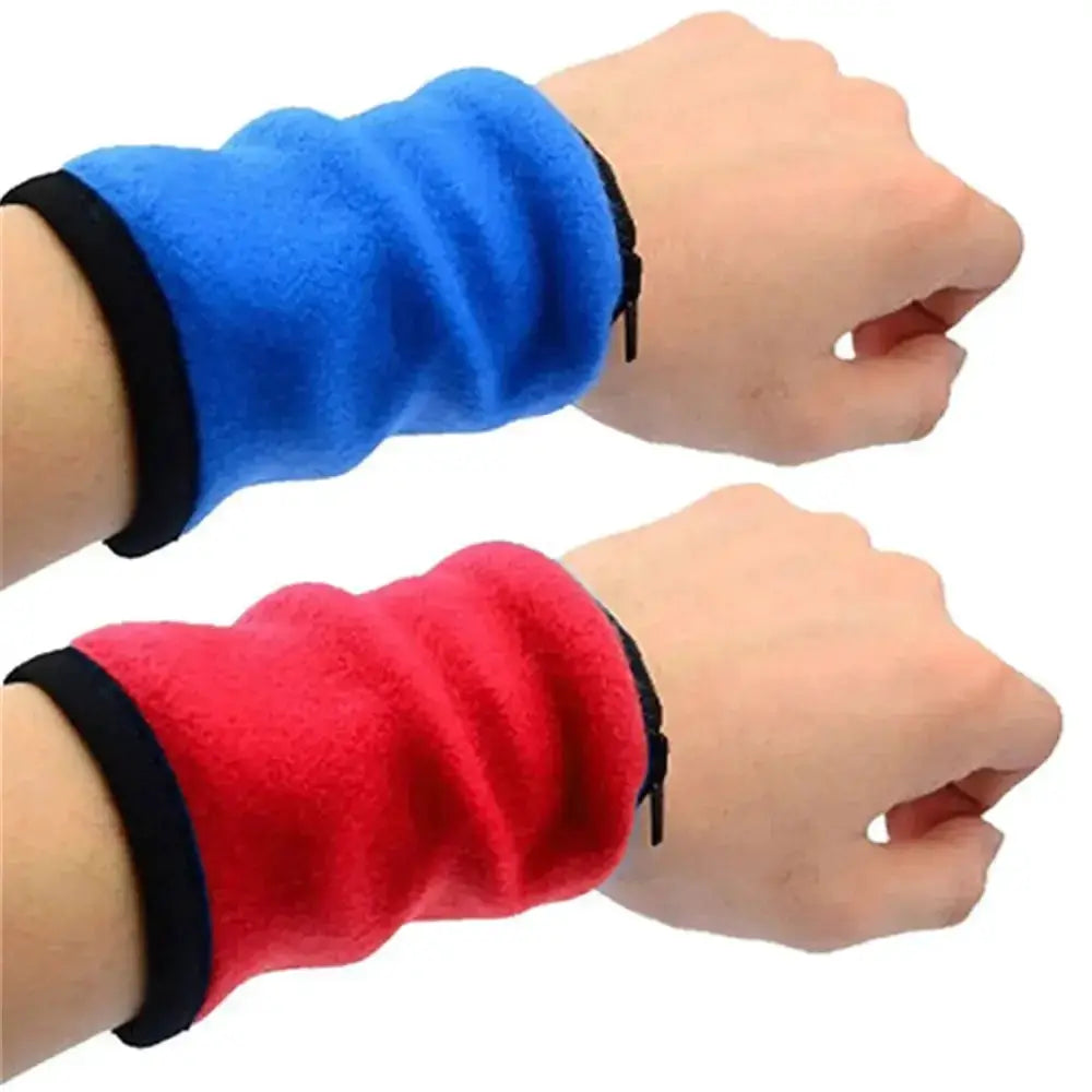 Mini wrist wallet key pouch band; blue and red fleece wristbands with zipper (2-pack)
