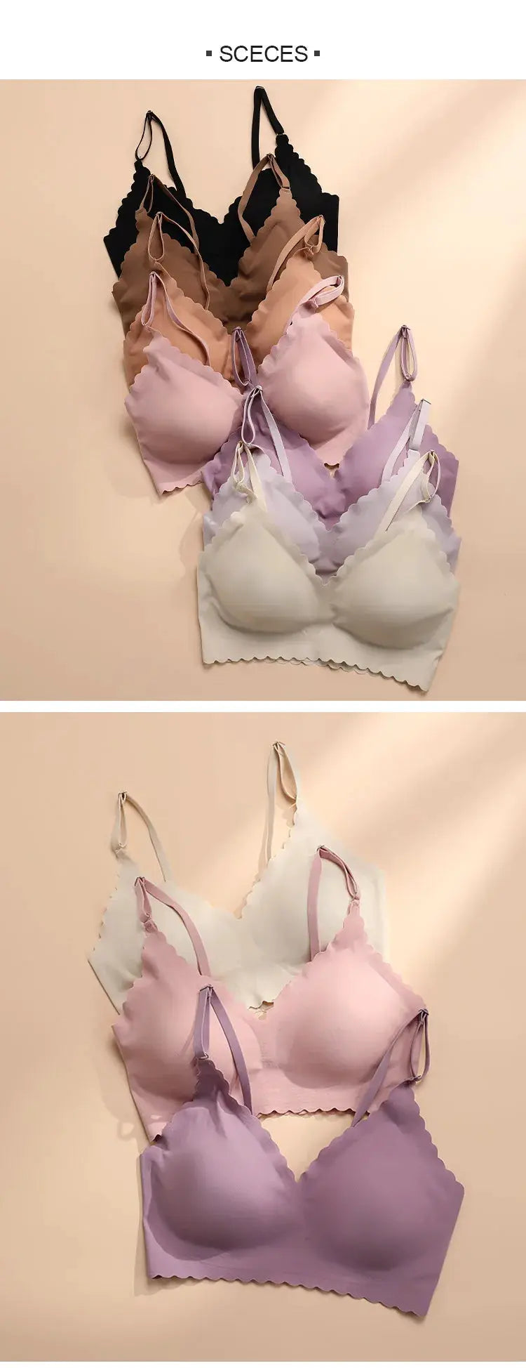 Wirefree padded bra set in 9 colors with scalloped wavy edges and seamless cups by Simples Market