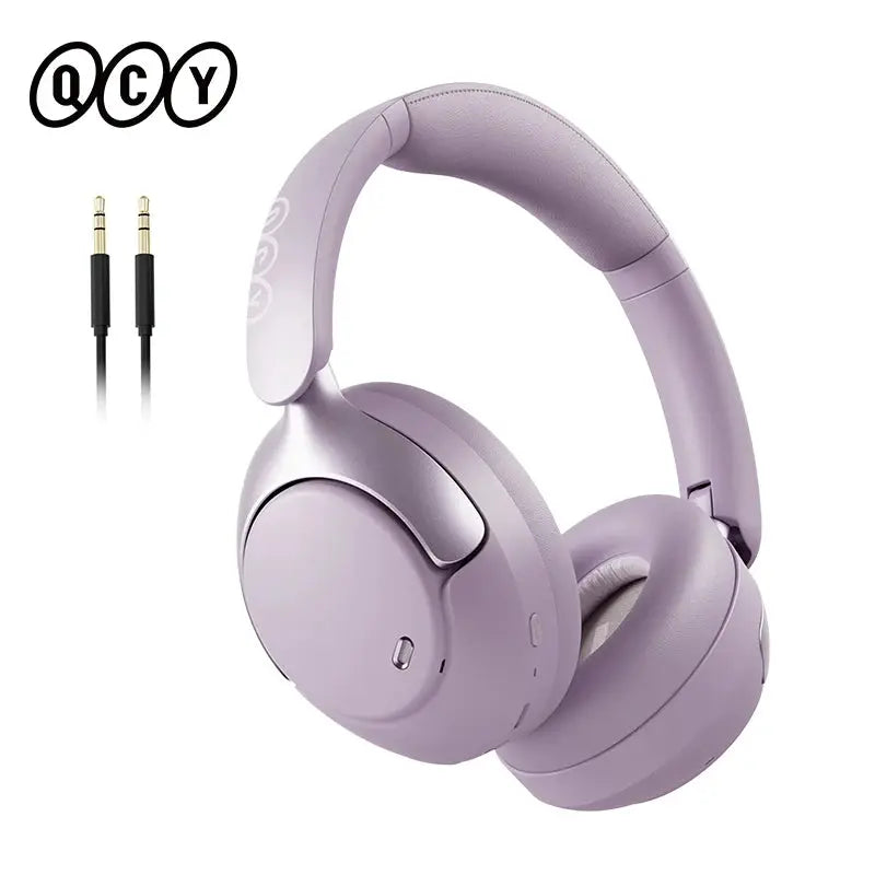 QCY H3 Pro ANC wireless over-ear headphones in lavender purple with 3.5mm audio cable