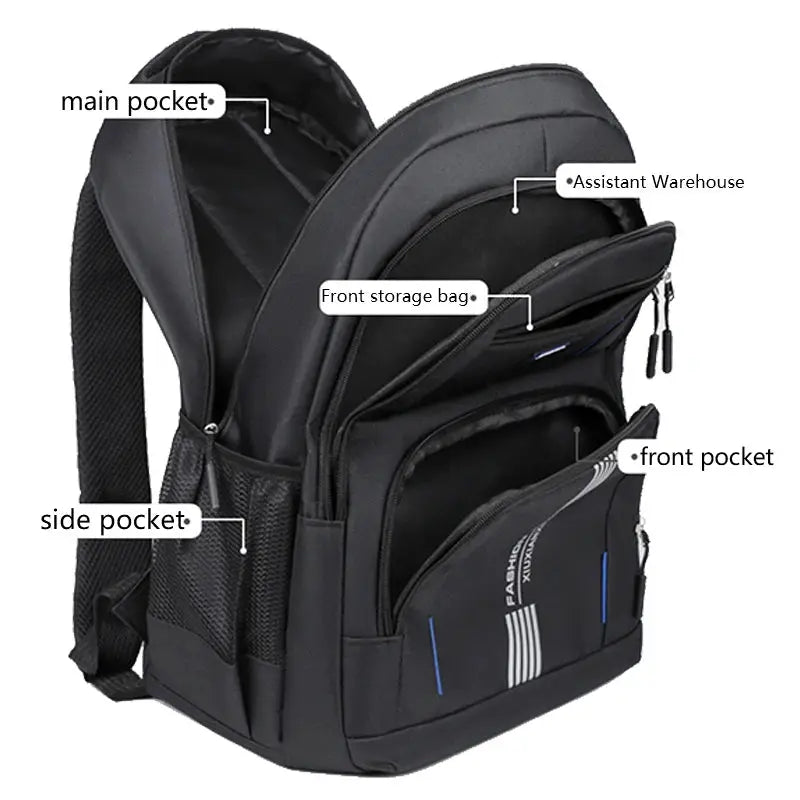 Fashion Minimalist Men’s Rucksack by Simples Market, black nylon backpack with multiple pockets