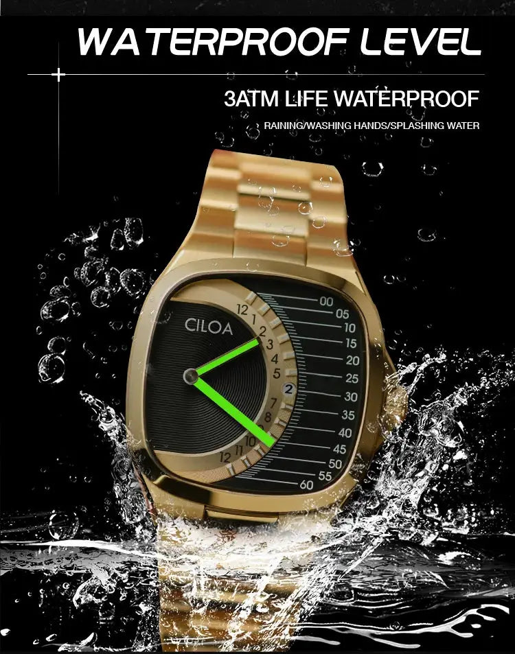CILOA retro square men's watch with a gold-tone stainless steel strap, black dial and neon green hands, waterproof