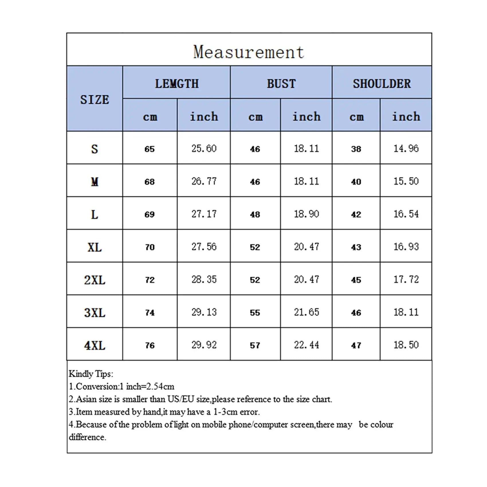 Simples Market men's jersey size chart with length, bust and shoulder measurements (S-4XL)