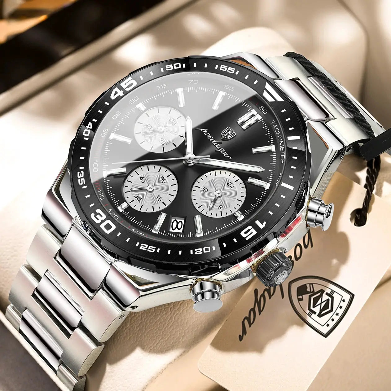POEDAGAR men's quartz chronograph watch, stainless steel bracelet, black dial with date, tachymeter bezel, luminous hands, waterproof