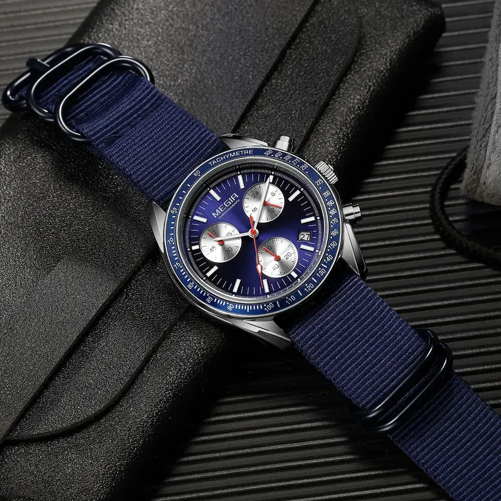 Megir Quartz Chronograph Watch Waterproof Sport Wristwatch With Nylon Strap Luminous Pointers And Date