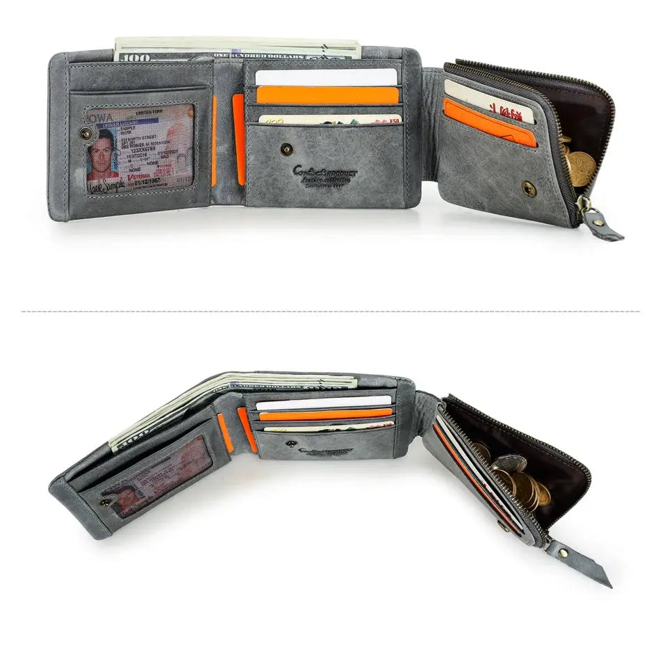 Contact's Genuine Crazy Horse leather men's trifold wallet with zip coin pocket in gray cowhide with orange card slots