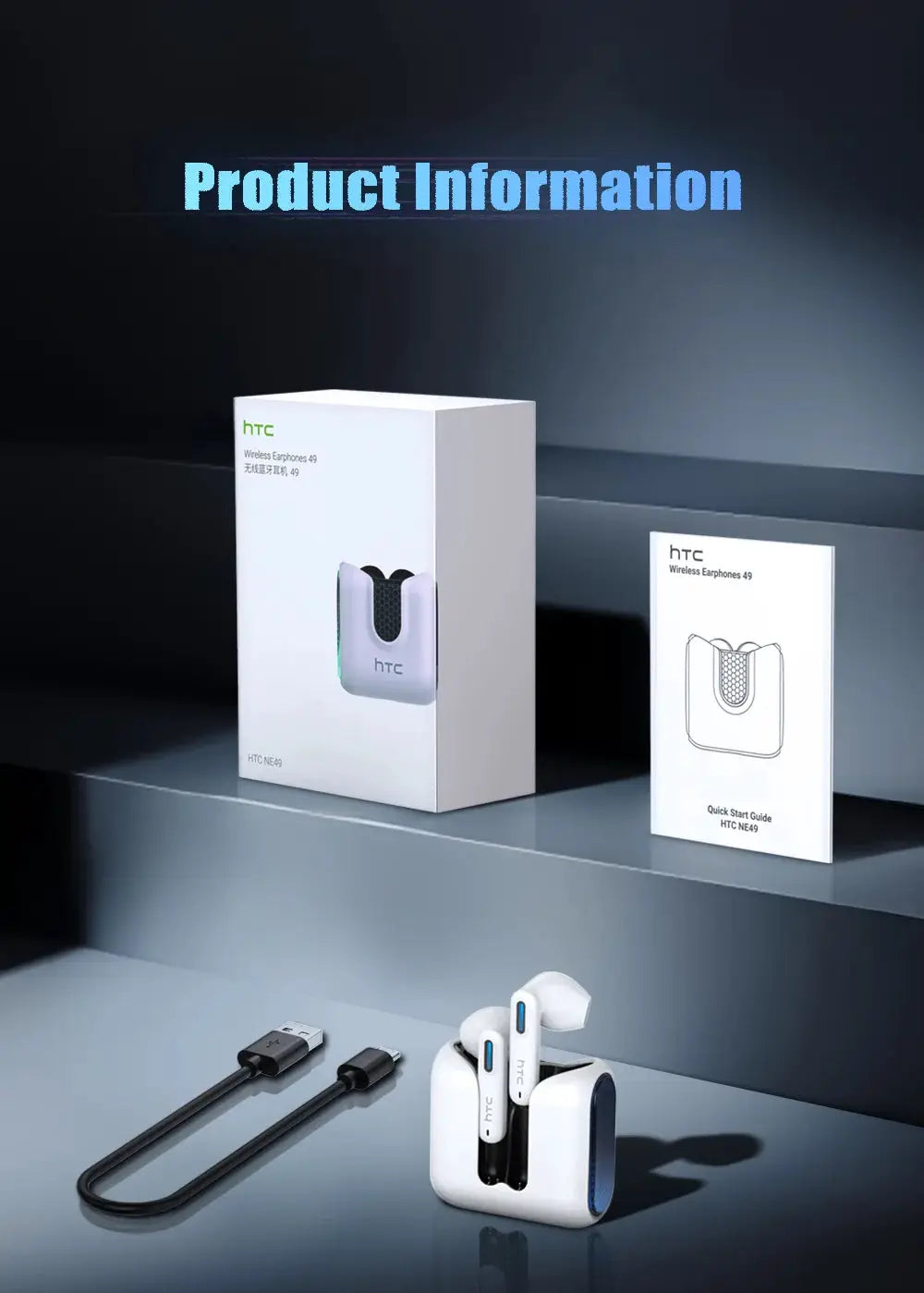 HTC NE49 wireless earphones with charging case; white earbuds with blue accents, USB-C cable, and product boxes.