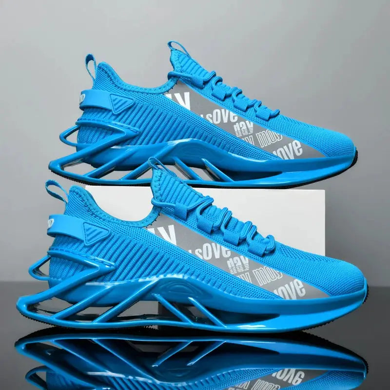 2 blue men's athletic sneakers with gray side panels and lattice sole, breathable mesh