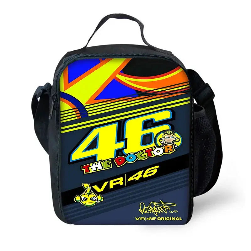 Child school backpack with VR46 racing design, black with bright 46 graphics and top handle