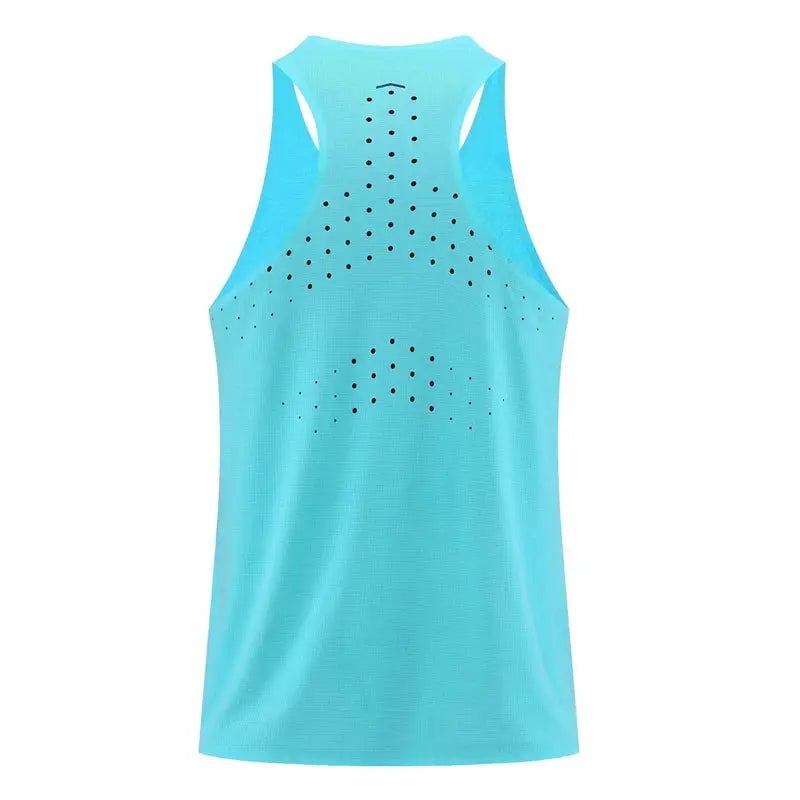 Turquoise athletic tank top with perforated back pattern, sleeveless gym singlet.
