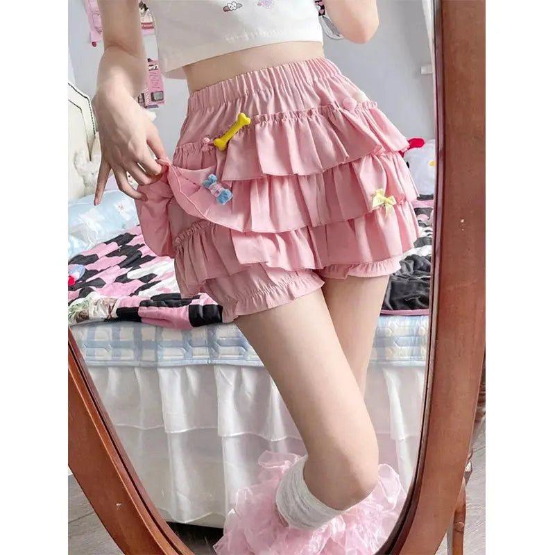 MEXZT Y2K Sweet Ruffles Mini Skirt, pink layered A-line with bow accents, high-waisted kawaii Lolita style