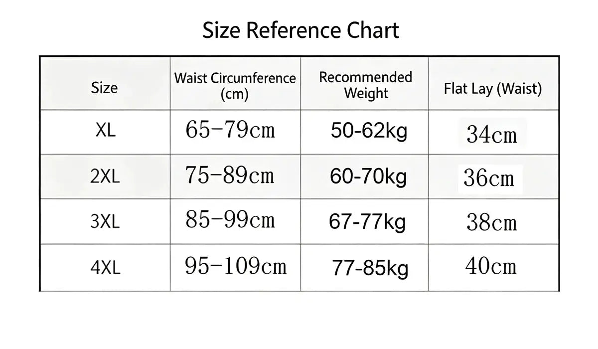 Men's underwear size reference chart XL–4XL with waist 65–109 cm, weight 50–85 kg, and flat waist 34–40 cm.