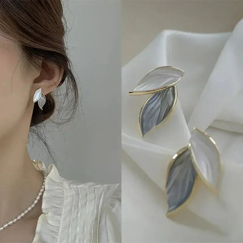 LATS New Korean Arrival Metal Trendy Grey Leaf Stud Earrings For Women Fresh Sweet Fashion Jewelry Gifts 2024