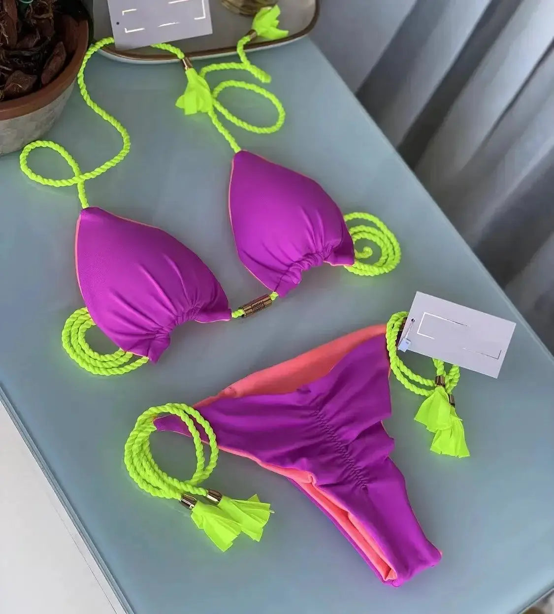 Women backless rope triangle bikini set in multicolor purple with neon green straps by Simples Market