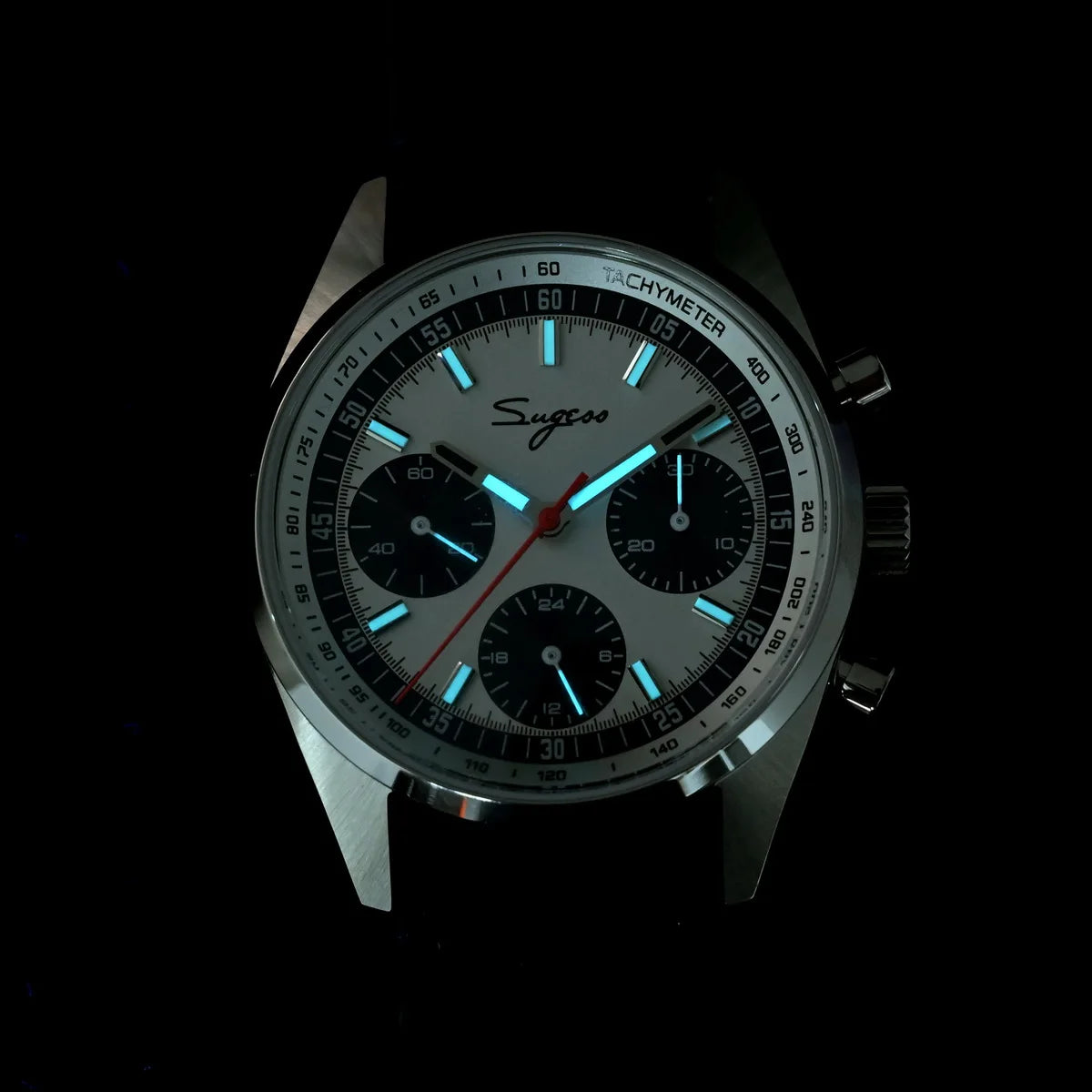 Sugess men's chronograph watch with white dial, blue luminous hands, black subdials, stainless steel case and tachymeter