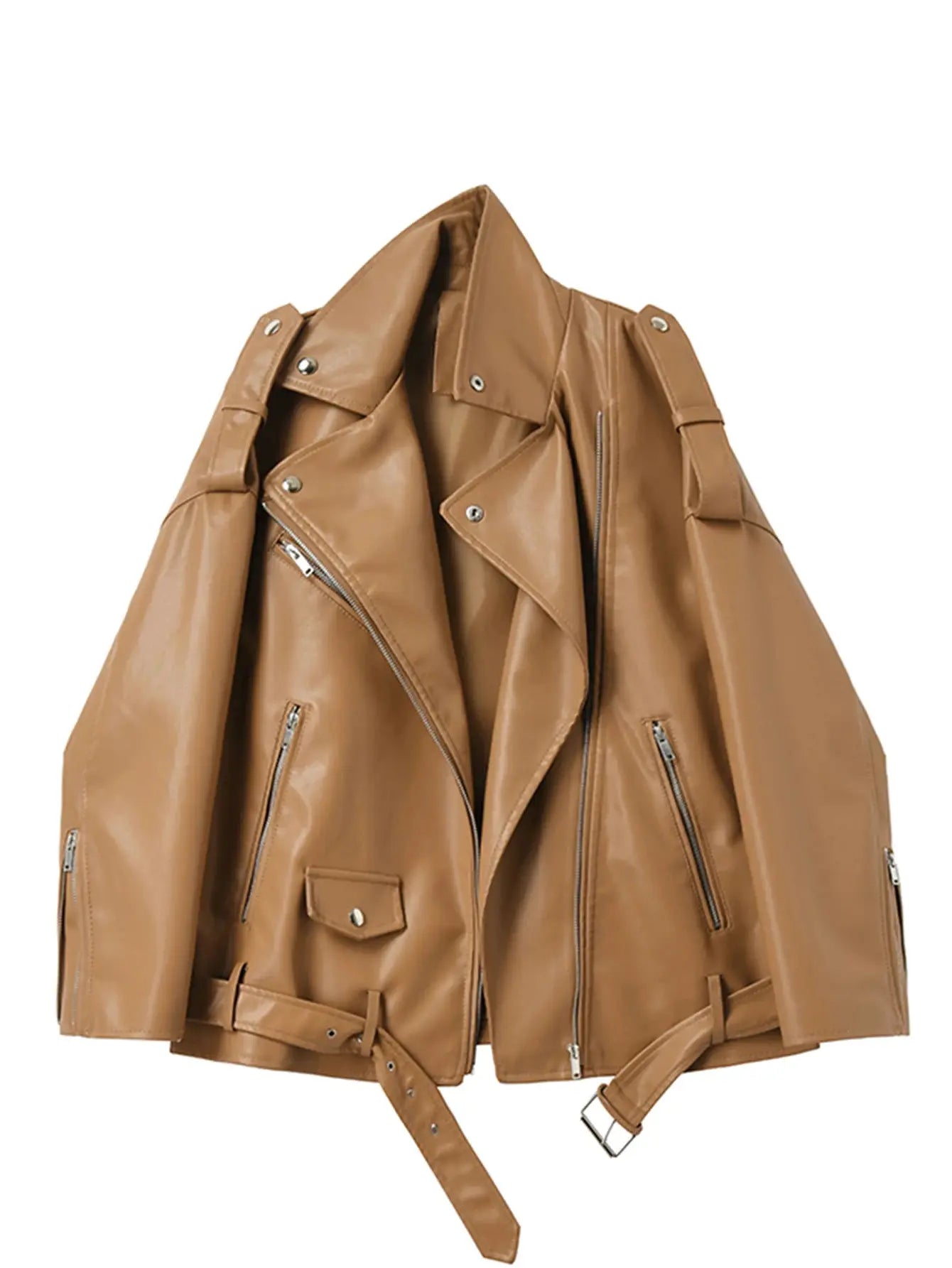 Ailegogo Women Loose Motorcycle Biker PU Faux Leather Jacket With Detachable Belt For Adjustable Fit