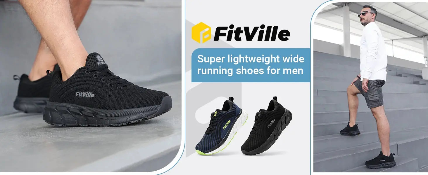 FitVille wide-toe-box men’s running shoes, black mesh with cushioned, non-slip outsole; Simples Market