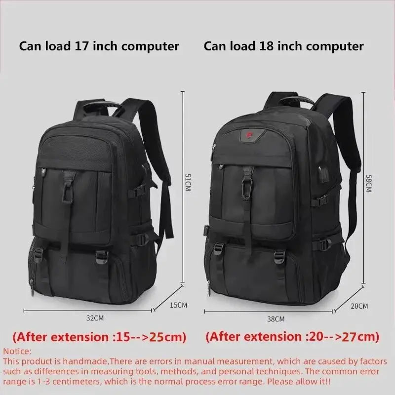 Large capacity travel backpack suitable for 17 and 18 inch laptops with expandable compartments.