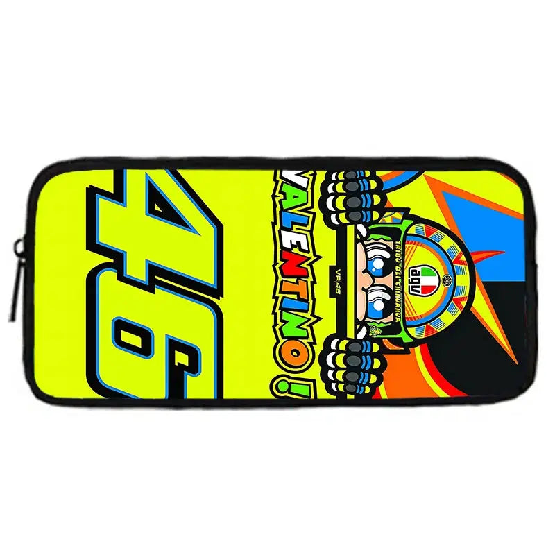 Pencil bag neon yellow with VR46 racing graphics and bold 46 numerals