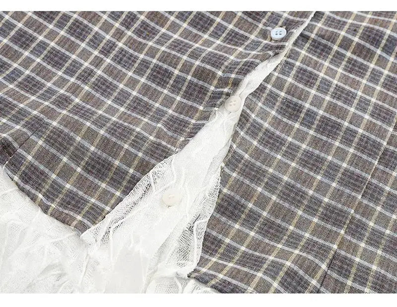 Women's plaid shirt with white lace trim and button-front detail in gray-brown tones