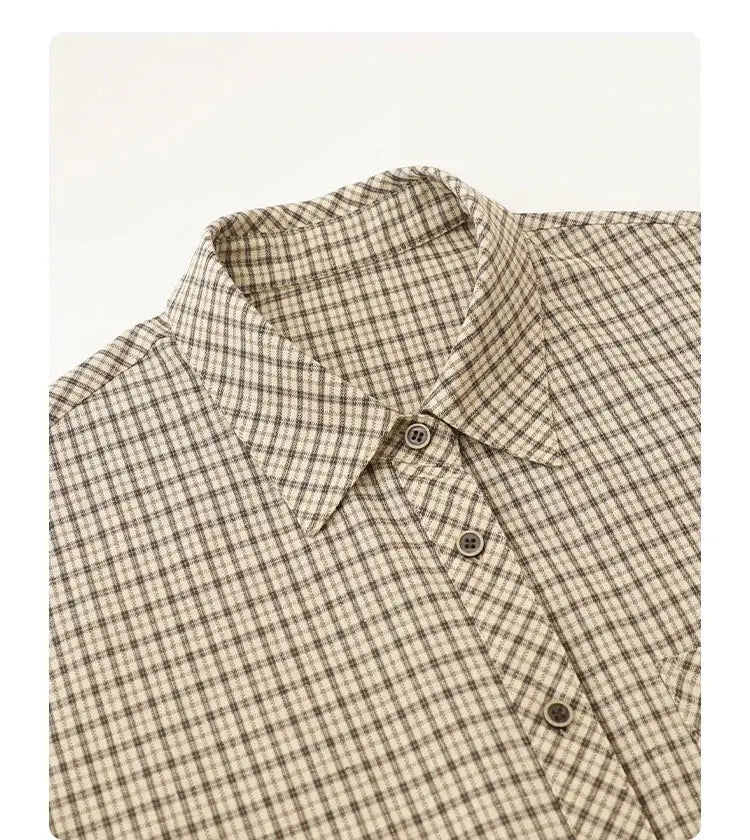 CHIC VEN women's plaid shirt by Simples Market, beige-brown check, button-down, loose casual fit