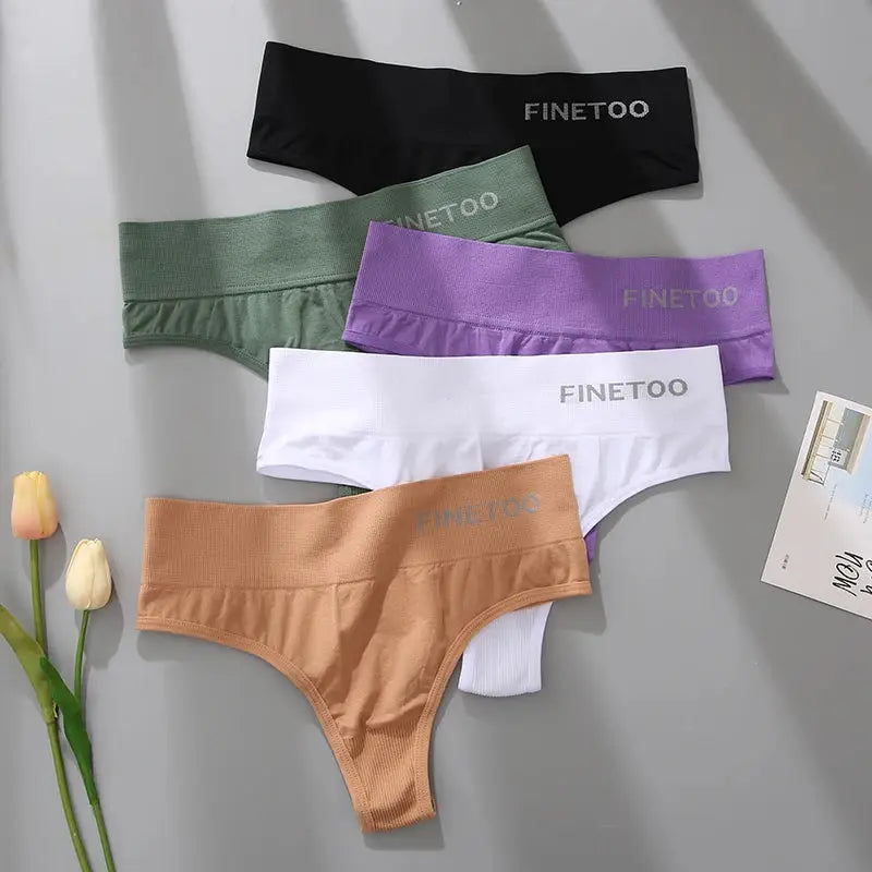 FINETOO women's thong underwear 5-pack seamless high-waist in black, green, purple, white and nude