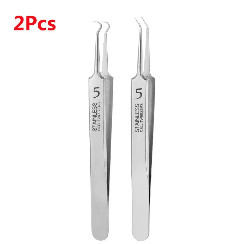 Two stainless steel No.5 blackhead removal tweezers for facial acne extraction