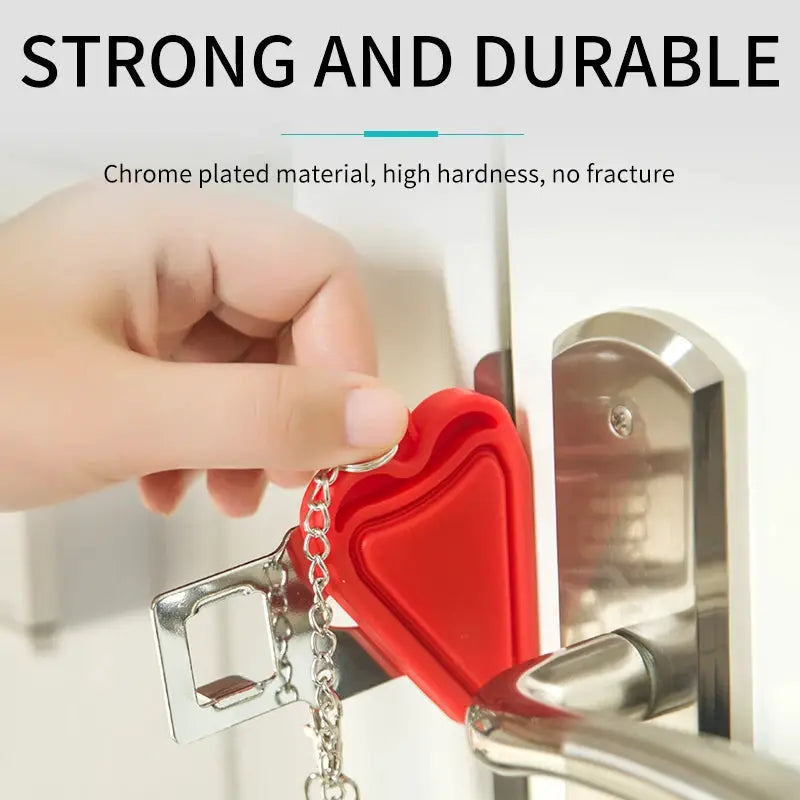 Simples Market portable door lock latch, red plastic with metal chain, no-drill hotel room device