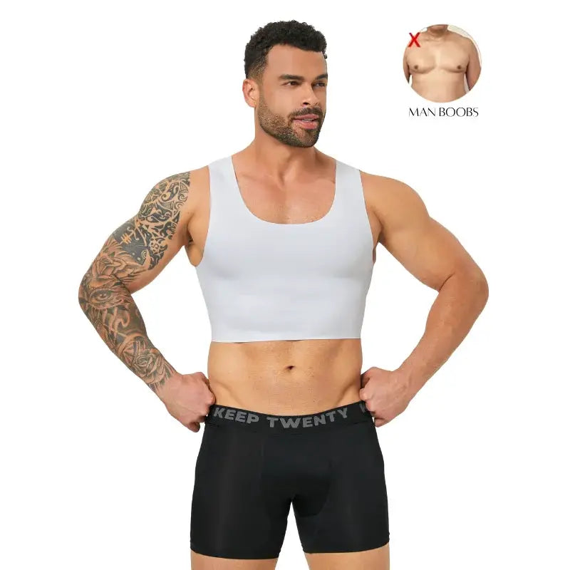 Simples Market men's seamless shaping short vest, sleeveless white undergarment paired with black boxer shorts