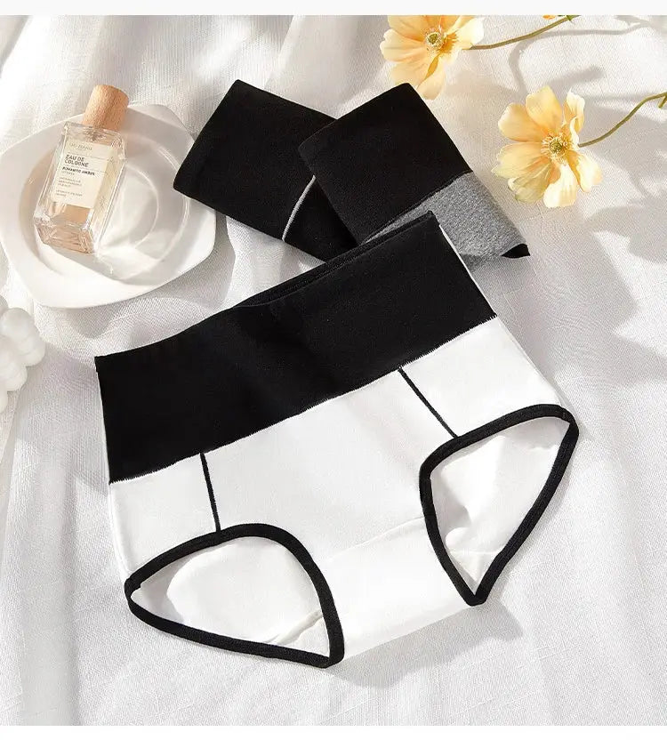 Simples Market 3Pcs cotton women's high-waist shapewear panties set, white with black trim, plus size M-4XL