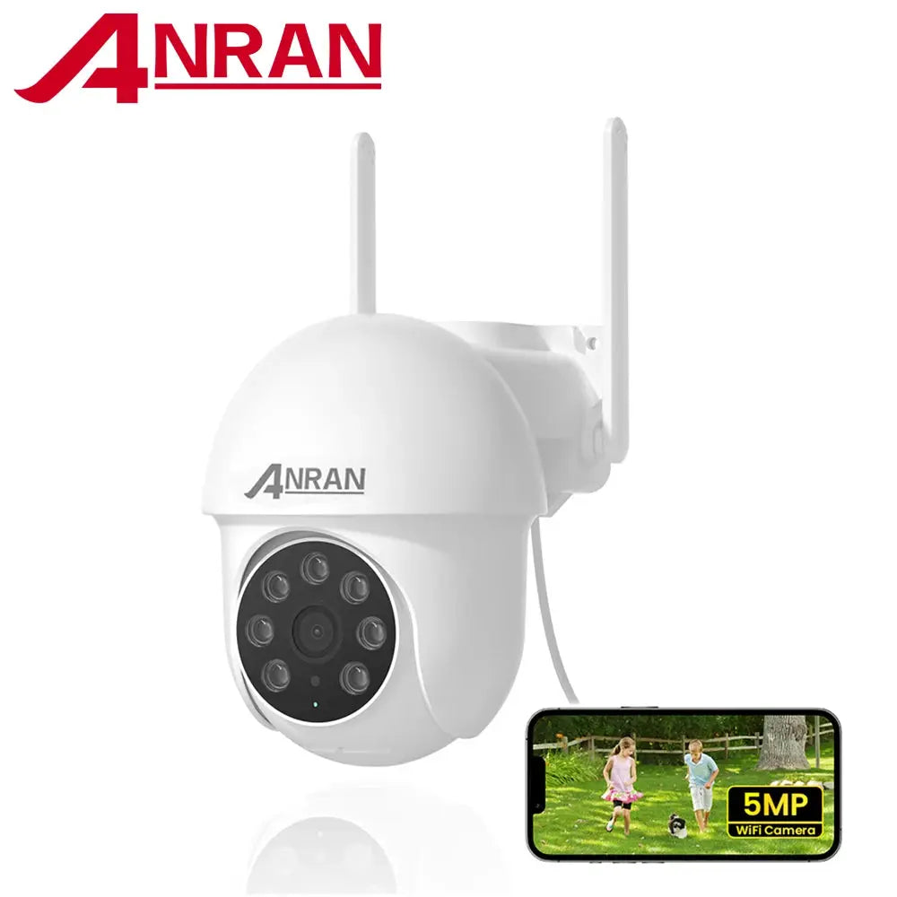 ANRAN 5MP security camera with white dome, dual antennas, 2.4/5G WiFi, IP66, Alexa-compatible