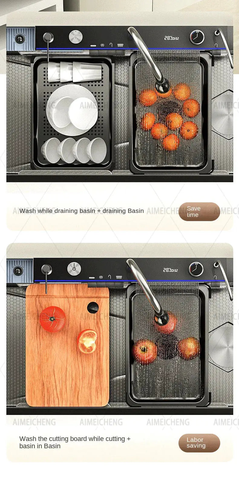 Stainless steel waterfall kitchen sink with left-side drainage; dual basins, dish rack, Simples Market