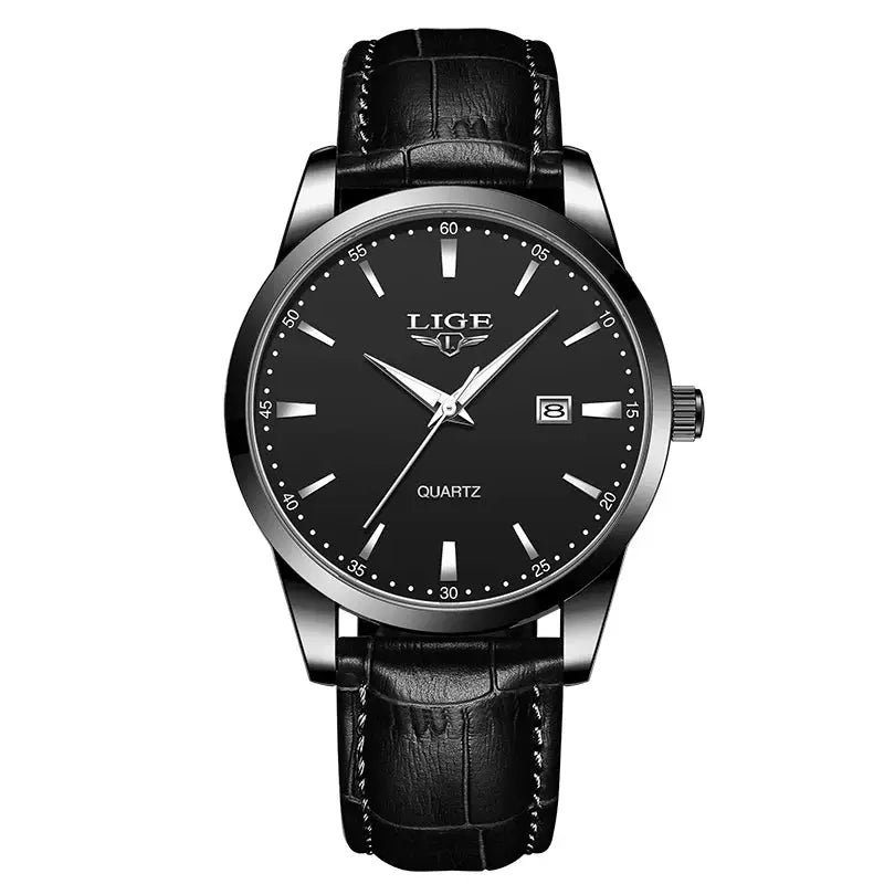 LIGE men's leather quartz watch with black dial and black strap