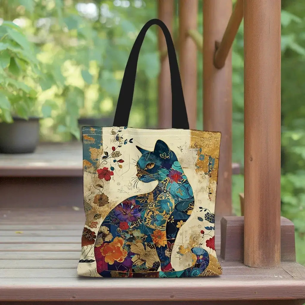 BloomCat Floral Cat Pattern Tote Bag Lightweight Linen Tote for School and Shopping