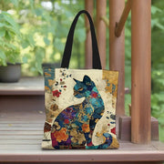 BloomCat Floral Cat Pattern Tote Bag Lightweight Linen Tote for School and Shopping