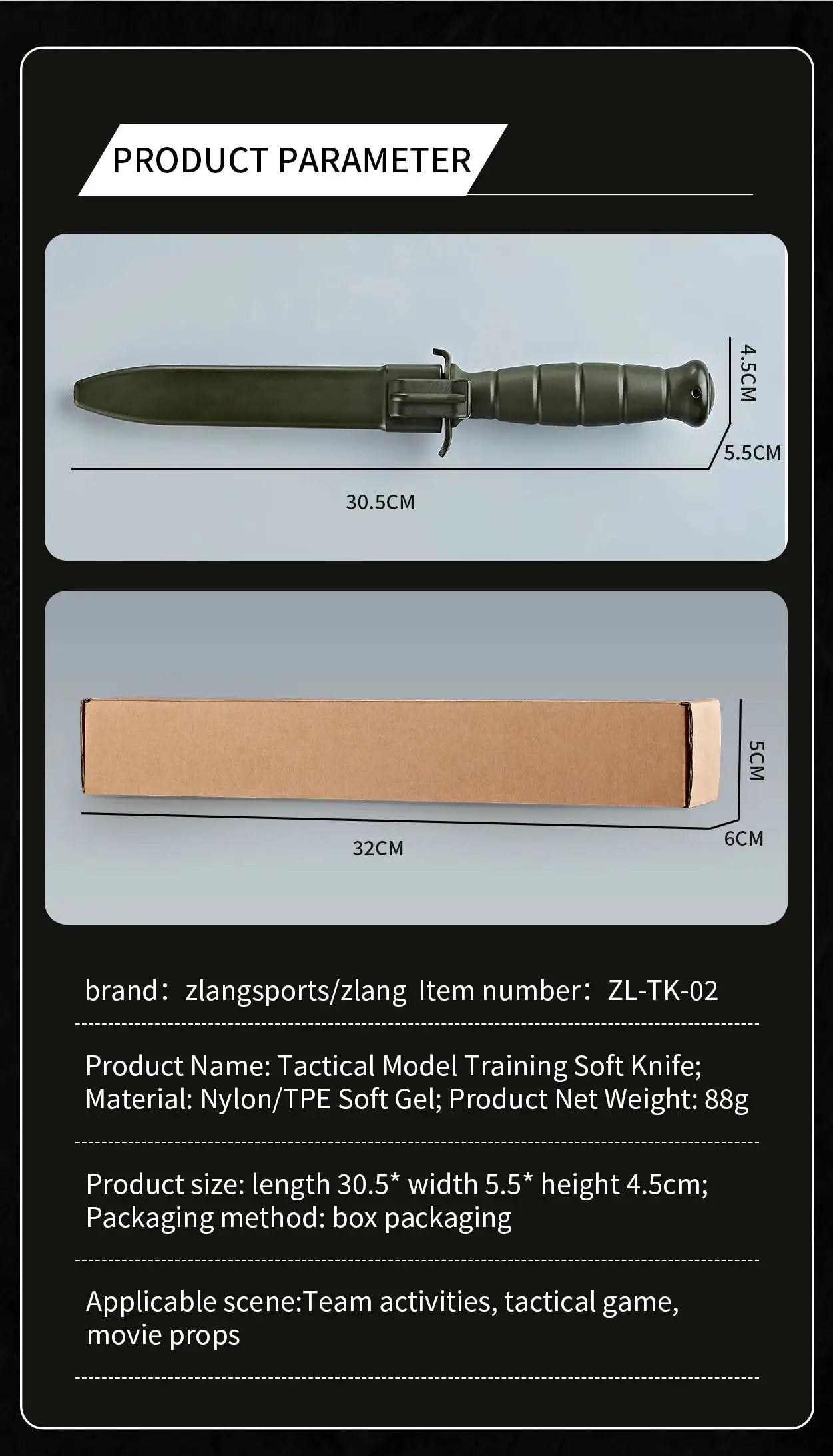 zlang tactical training fixed-blade knife with olive ABS handle, soft blade and sheath; shown with packaging box
