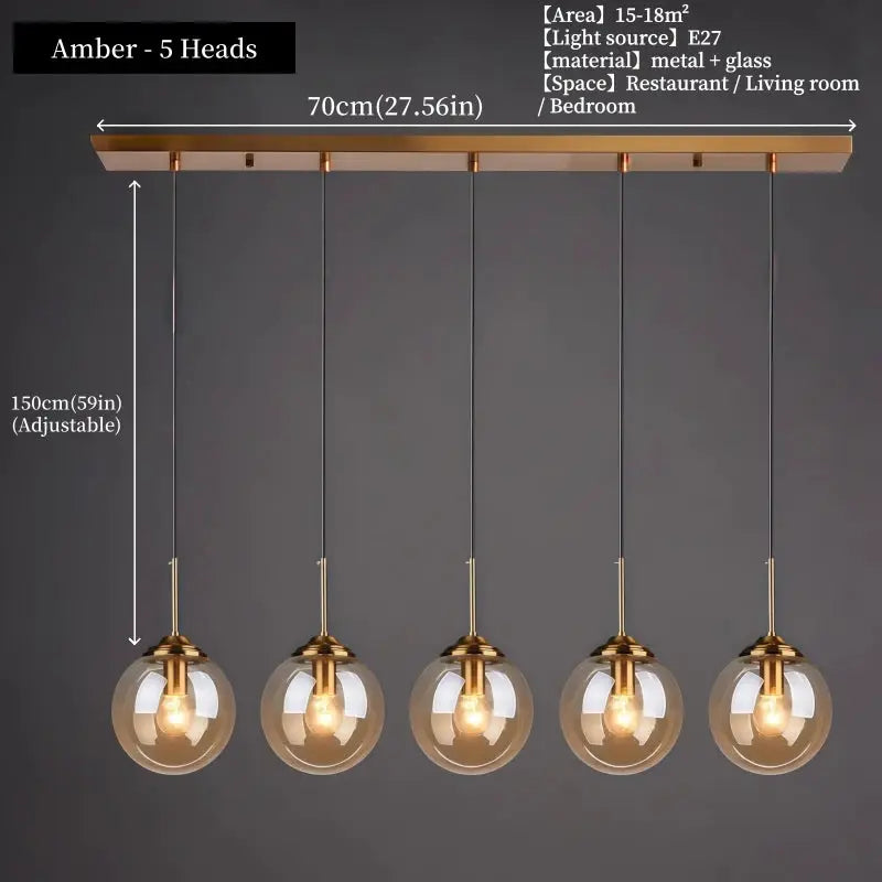 Simples Market amber 5-head LED pendant chandelier, brass metal with glass globes, adjustable 150cm