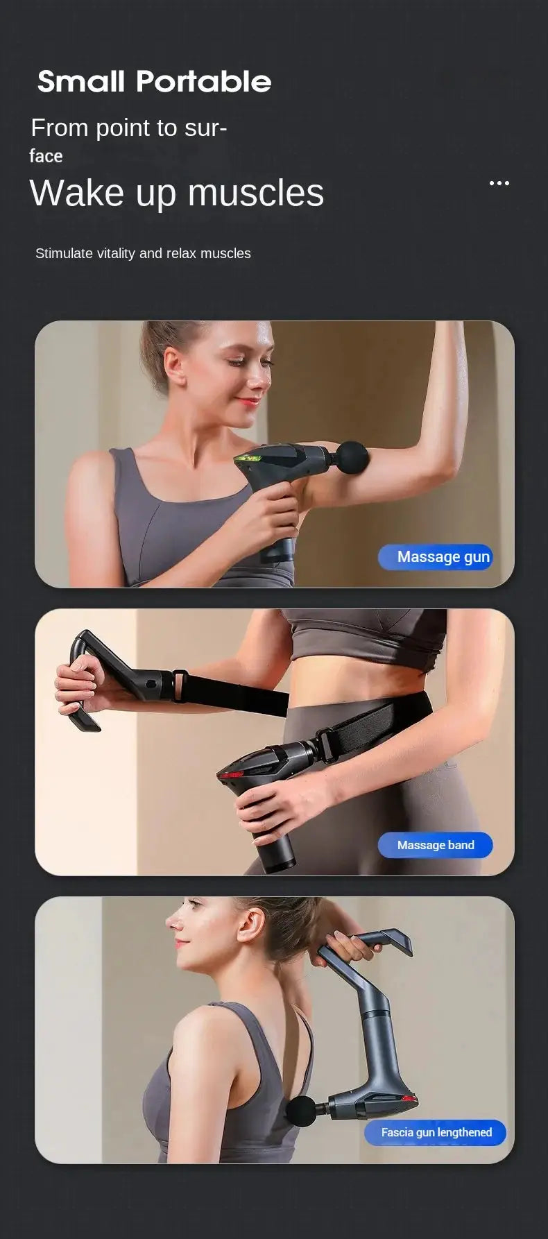 Simples Market long-handle electric massage gun kit; black body with 3 configurations (handheld, belt, fascia gun)