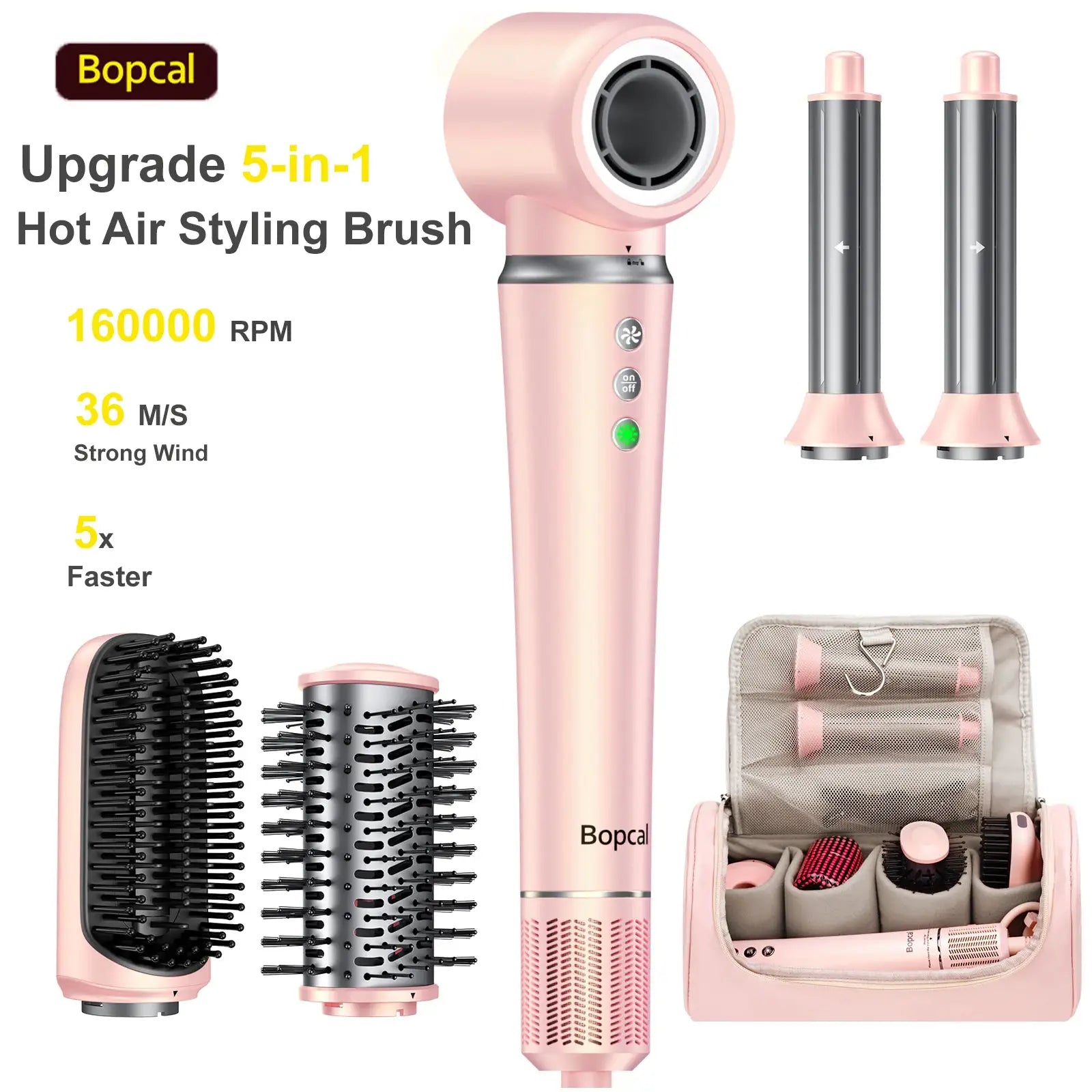 5-in-1 pink hot-air styling brush set with attachments and carrying case by Simples Market