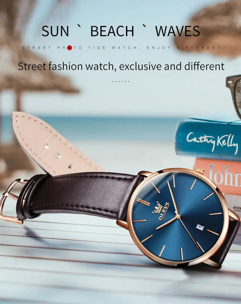 OLEVS men's ultra-thin quartz watch with blue dial and black leather strap.