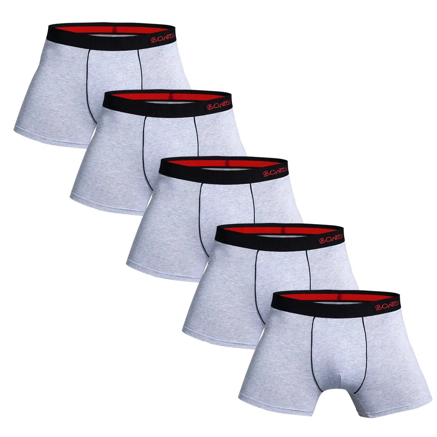 5-pack men's cotton boxer underwear; heather gray with black/red waistband featuring Bonitos logo