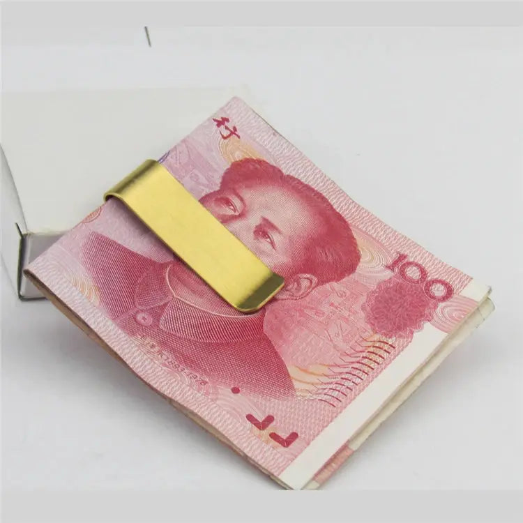Personalized money clip, gold-tone metal holding a stack of Chinese 100 yuan notes
